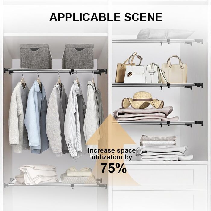 Hershii Extendable Closet Shelf, Expandable Wardrobe Rack, Adjustable Closet Organizer, Pull-Out Closet Divider, Clothes Rod, Closet Metal Storage, for Closet, Kitchen, Bathroom, Black (101-152.5cm/39.76-60.04inches)