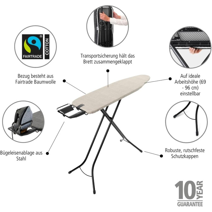 Прасувальна дошка Brabantia Bügelbrett B, 124 x 38 см, Fairtrade бавовна, стабільна, регульована по висоті, з підставкою для праски, Denim Grey