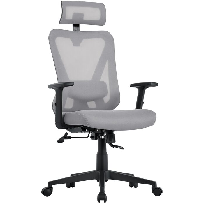 Крісло офісне Yaheetech ергономічне з регульованою підголівником, підлокітниками та поперековою підтримкою, поворотне, з можливістю нахилу 90°-130°, регульоване по висоті (світло-сірий)