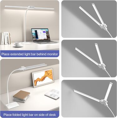 LED Desk Lamp with Adjustable Brightness - 1200 Lumens, Dual Head, Clamp-On for Home Office, Eye Protection, Gooseneck Design, Monitor Light with 5 Color Temperature & Brightness Levels (Metal Base)