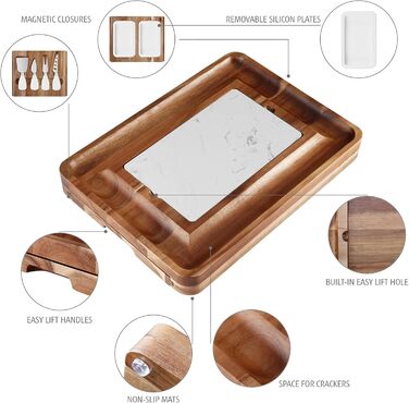hecef Cheese Board Set, Acacia Wood, Square Cheese Board with 2 Pull-Out Drawers & Cutlery Set & Snack Plates & Marble Cheese Slate