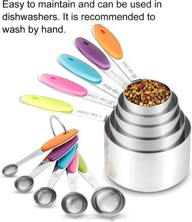10-Piece Measuring Cup and Spoon Set, Stainless Steel Measuring Spoon Set with Silicone Handle and Scale, Measuring Cup Spoon Set in Various Sizes, for Home (16.5oz-Color)