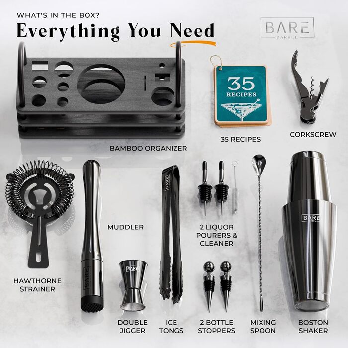 Bare Barrel® Cocktail Shaker Set - 14 Piece Mixology Bar Kit with Boston Shaker, Martini Accessories & Recipe Cards - Home Bartender Set