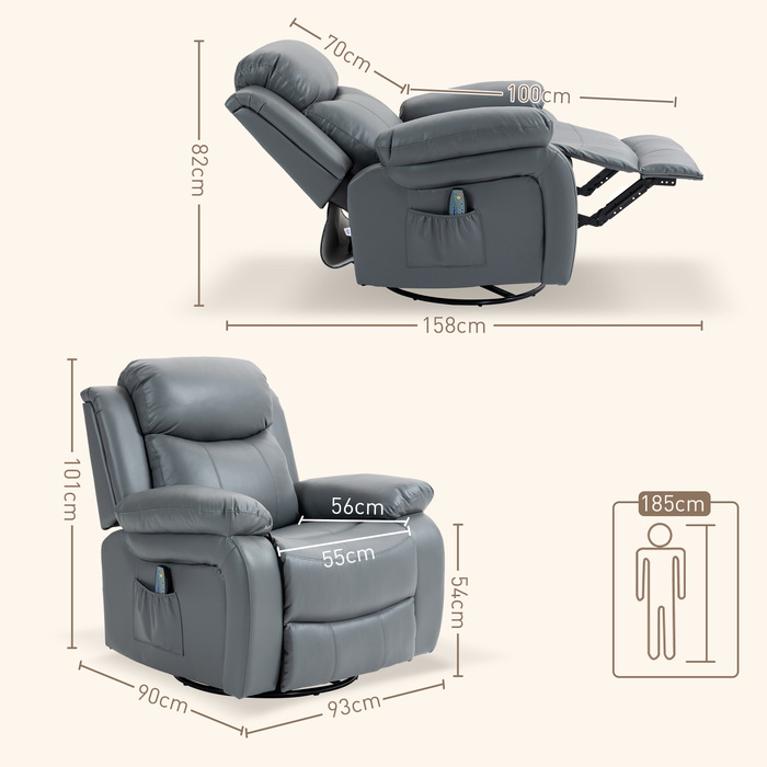 HOMCOM electric TV recliner chair with massage function, 360° swivel, featuring 8 vibration motors, rocking function, faux leather, 93L x 90W x 101H cm, Grey | Aosom