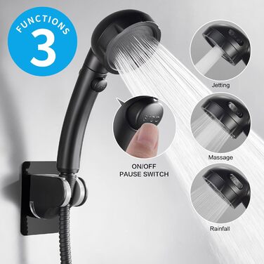 KAIYING Drill-Free High-Pressure Handheld Showerhead with ON/OFF Pause Switch, 3 Spray Modes, Water-Saving Showerhead, Detachable Puppy Shower Accessory (M: Showerhead + Holder + Hose) (Black)