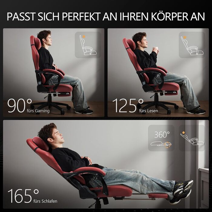 Ігровий крісло Dowinx Big and Tall з масажем попереку, підніжка, ергономічний комп'ютерний стілець, PU шкіра, 180 кг (Червоний)