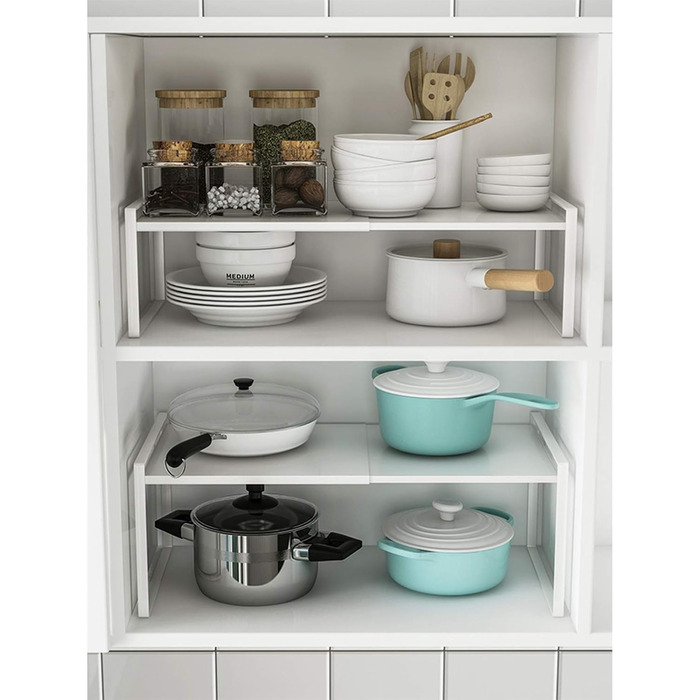 KZOBYD Expandable Kitchen Shelf, Foldable Kitchen Cabinet Shelf Spice Rack Organizer for Dishes and Supplies Stackable Kitchen Storage Organizer for More Storage Space (White, M)