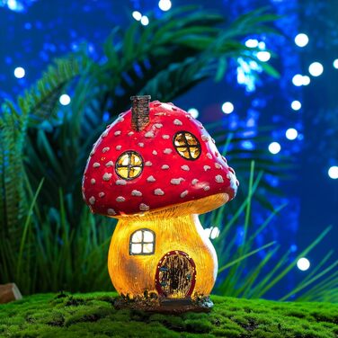 TERESA'S COLLECTIONS Outdoor Garden Decor Fairy House Garden Solar Lighting Mushroom Elf House Fairy Garden Solar Garden Lighting Fairy House made of Resin Pink Gifts for Women 19cm