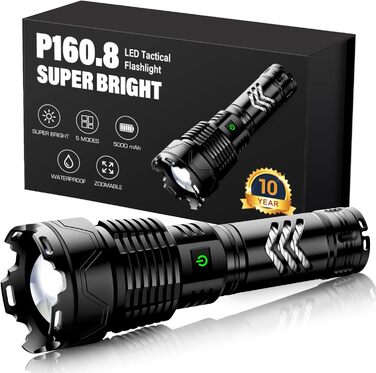 Ліхтарик Glarylight LED акумуляторний, 500000 люмен, надяскравий, зум, 5 режимів світла, водонепроникний IPX7, для вулиці та екстрених ситуацій