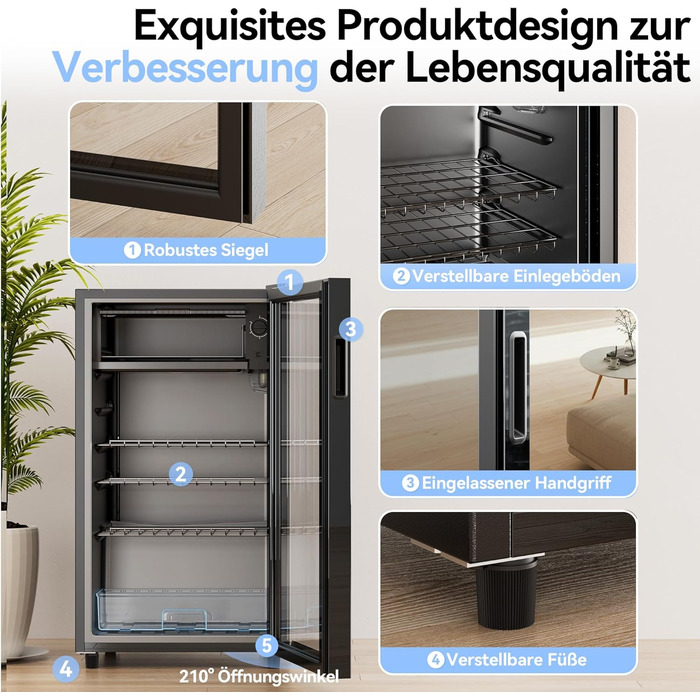 Холодильник для напоїв на 85 літрів з скляними дверцятами та блакитним LED-підсвічуванням, 3 регульовані полиці для соди/пива/вина, ідеальний для дому та вечірок