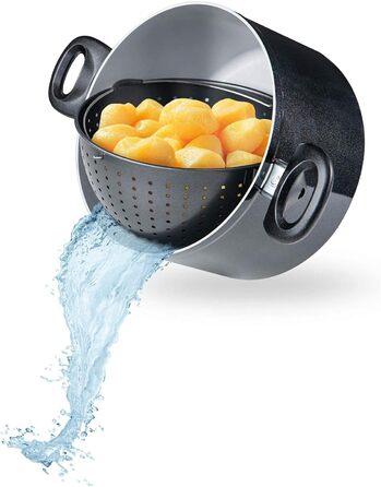 Набір керамічних каструль Genius Cerafit Magic Pot 24 см, 6,4 л з друшляком і скляною кришкою, універсальний для всіх плит, чорний