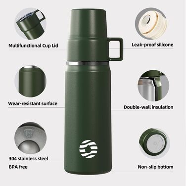 Термокружка-термос 850 мл з чашкою, нержавіюча сталь, з ізоляцією, для напоїв, 12 годин теплий/24 години холодний, без BPA, для відпочинку на природі, кемпінгу (зелений)