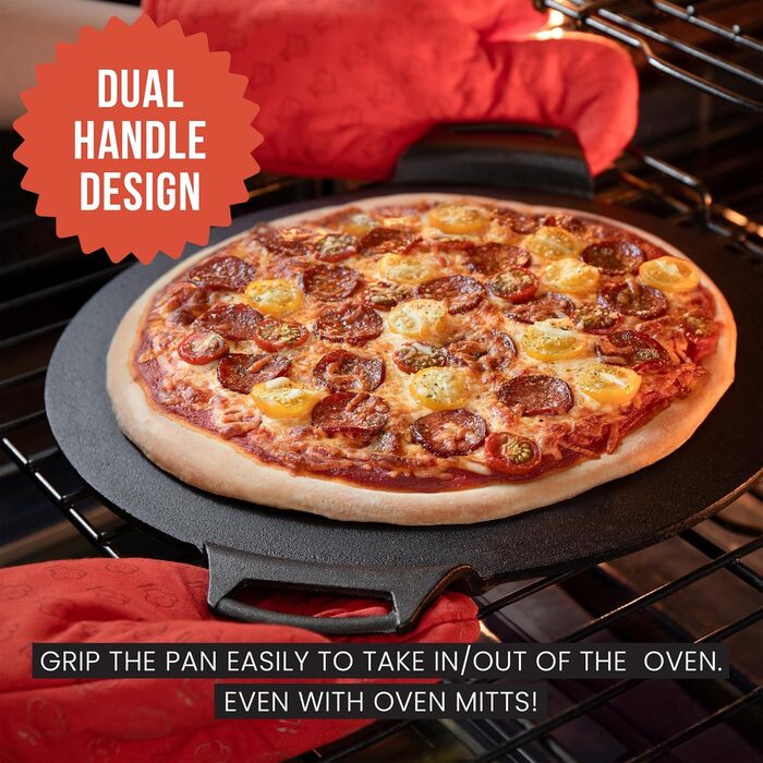 Chef Pomodoro Cast Iron Grill Pan – Cast Iron Grill Pan for Stove, Grill, Oven & Campfire – Cast Iron Pan - Pizza Pan Baking Sheet Round - Grill Plate Gas Grill - Cast Iron Pan for Gas Grill (38 cm)