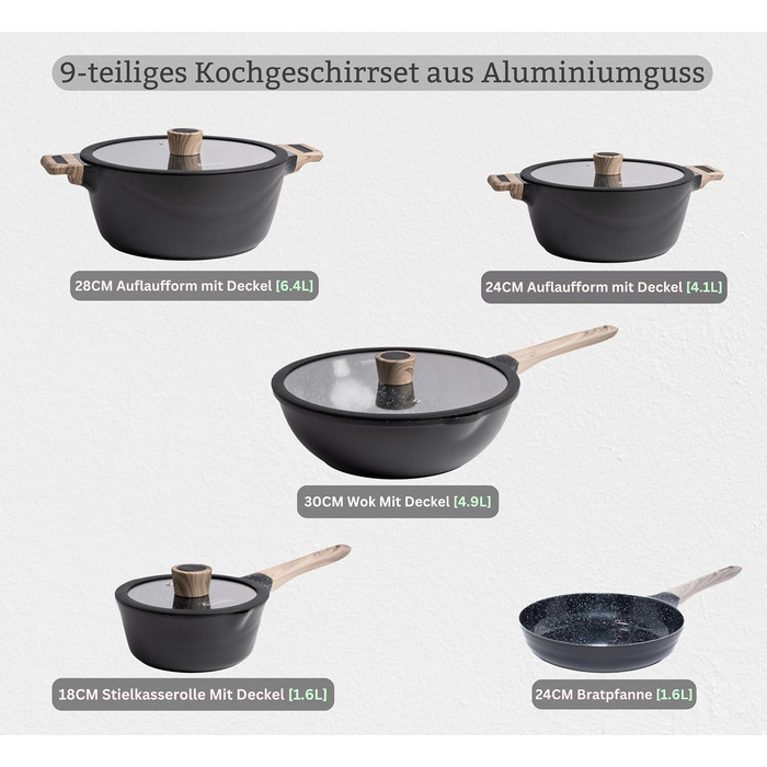 Набір каструль Goldmann 9 шт. з преміум-покриттям – чавунний алюміній з керамічним антипригарним покриттям, підходить для індукційних плит, всіх типів плит, з кришкою з термостійкого скла, для смаження з мінімальним додаванням жиру, стійкий до подряпин, м