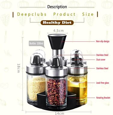 Spice Jar Oil Bottle Salt and Pepper Shakers Glass Jars with Rotating Holder, 100ml (6-Jar)