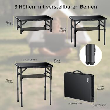 Складний кемпінговий стіл Anbte 58x40 см, алюмінієвий каркас, чорний пластиковий стіл з регульованою висотою (26/48/70 см) для пікніка, саду, балкону з сіткою для зберігання