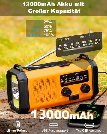 Радіо з сонячною панеллю та ручкою 48100 мВт/год, 13000 мАг, AM/FM, з ліхтарем 700 лм, SOS-сигналом, водонепроникне IPX4, для кемпінгу та надзвичайних ситуацій (Помаранчевий)