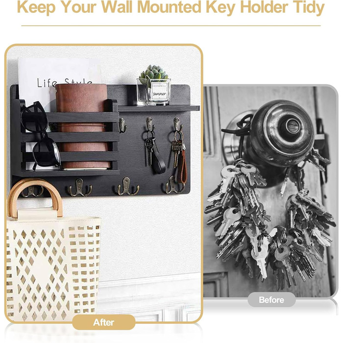 Настінна вішалка для ключів з дерев'яною поштою та полицею, ключниця на стіну, дерев'яне ключове тримач, 4 гачки, рустикальний декор для входу, передпокою, офісу, чорний