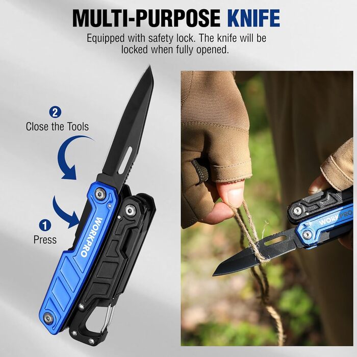 Мультитул WORKPRO 11-в-1: мультиінструмент з нержавіючої сталі з карабіном, плоскогубцями, інструментом для обрізки кабелю, відкривачем пляшок, викрутками. Підходить для активного відпочинку та повсякденного використання. У комплекті – зручна сумка.