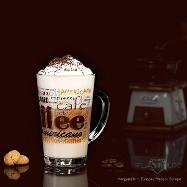 PLATINUX Coffee Glasses with Motif, max. 350ml, Set of 6, Glass Latte Macchiato Glasses with Handle, Cappuccino Glasses