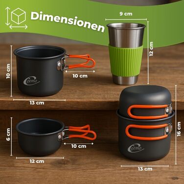 Набір посуду Coeo 7 предметів для приготування їжі на відкритому повітрі (каструля, сковорода, столові прибори, чашка) - зелений