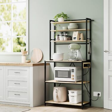 Кухонна полиця WOLTU з 6 ярусами, з розетками, мікрохвильова полиця з 6 гачками, полиця для пекаря з металевим каркасом, регульовані полиці, Чорний+Рустикальне коричневе, 60 x 167 x 40 см (Чорний+світлий дуб, 80 x 39,5 x 167 см)