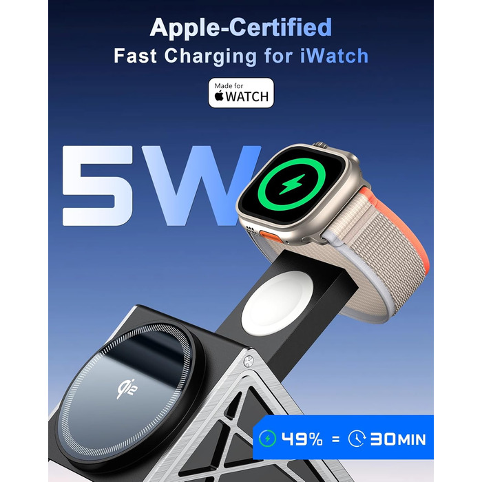 Зарядний пристрій NANAMI 3-в-1 MagSafe: для iPhone 17, 15, 14, 13, 12, Apple Watch, AirPods. Чорний, 15W, Qi2, MagSafe