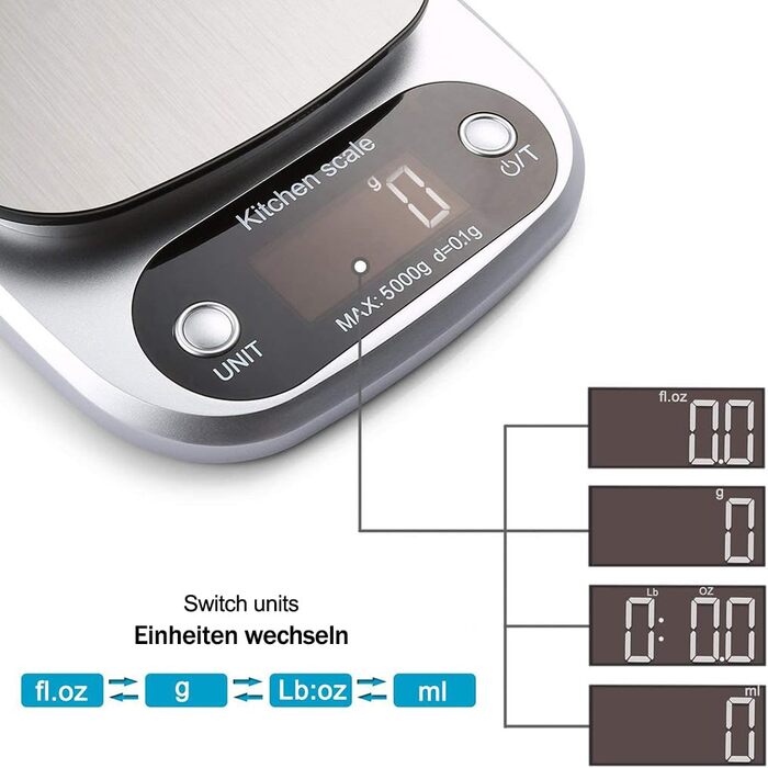 Кухонні ваги Mobxpar: електронні, з нержавіючої сталі, прецизійні (0,1г), до 5кг, з функцією тарування