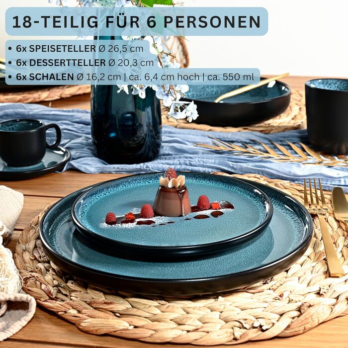 Набір посуду SÄNGER Vigo (18 предметів) | Керамічний набір посуду на 6 осіб | Тарілки, миски, десертні тарілки | Bluе з чорним бордюром, стійкий до подряпин