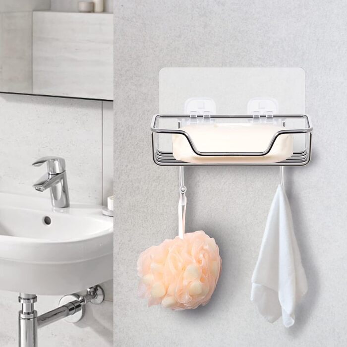 Тримач для мила без свердління Uten, нержавіюча сталь, самоклеючий, з 2 гачками, для мила та губки, для душу, ванної кімнати, кухні, сріблястий