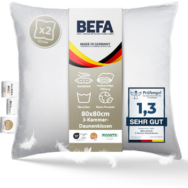 Подушка BEFA NATUR 80x80 см, 3-камерна, 90% пух, 10% перо, для алергіків, сертифікована Öko-Tex, Made in Germany
