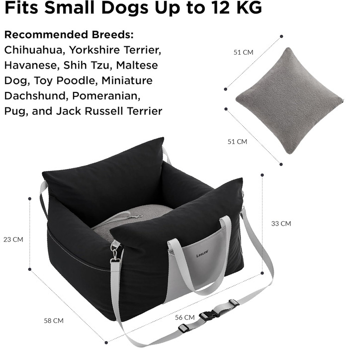 Pet Car Seat for Small Dogs - Waterproof and Washable Dog Car Seat with Storage Pockets, Detachable Safety Leash, and Thickened Memory Foam Filling, 58x56x33cm, (Black)
