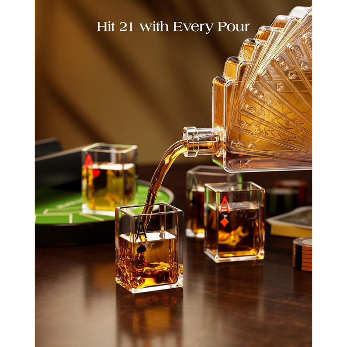 Набір для віскі Kollea Blackjack: Декантер 37,2 Oz та 4 келихи, стиль Казино, подарунок для чоловіків