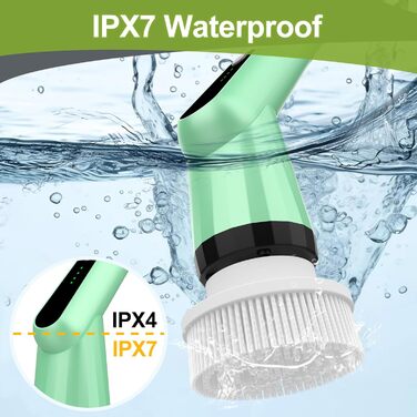 Електрична щітка для прибирання з 7 насадок, водонепроникна IPX7, регульована ручка, для ванної, кухні, підлоги, авто (білий/зелений)