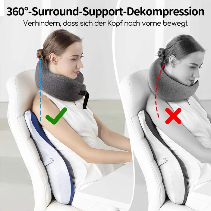 Подушка для шиї у літак, подорожі: Memory Foam, регульована, компактна, з чохлом, навушники, маска для сну (темно-сірий)