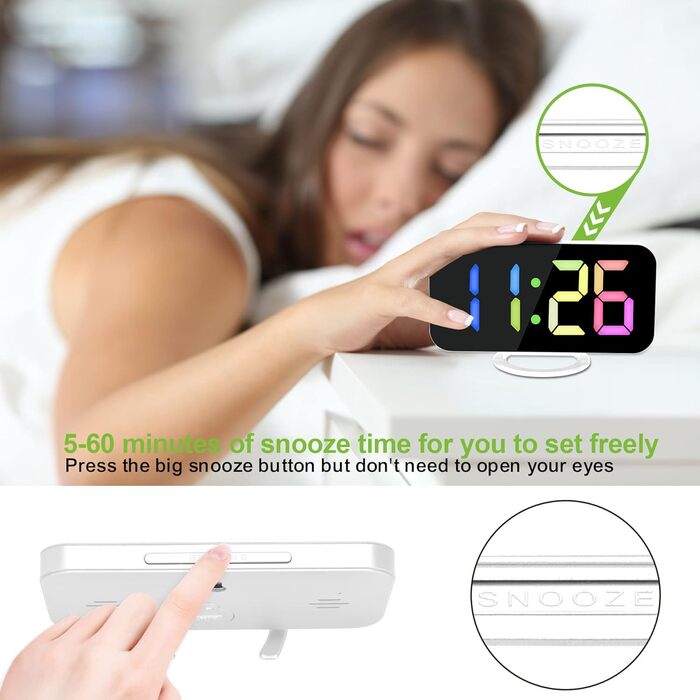 Цифровий годинник SZELAM з LED-дзеркалом 7 дюймів, 2 USB-порти, функція відкладання, автоматичне регулювання яскравості, для дому (білий)