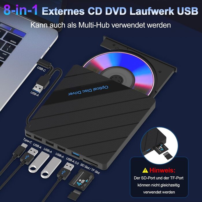 Зовнішній багатофункціональний DVD-привід 8-в-1 для ноутбука та ПК: USB 3.0, Type-C, 5 USB-портів, картридер TF/SD, оптичний накопичувач для Windows, macOS, Linux, сірий
