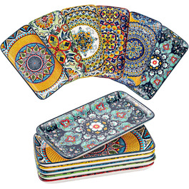 Сервіровочні тарілки HENXFEN з порцеляни, 10 дюймів, набір прямокутних тарілок для салату, закусок, сашимі, богемний квітковий дизайн у 6 яскравих кольорах