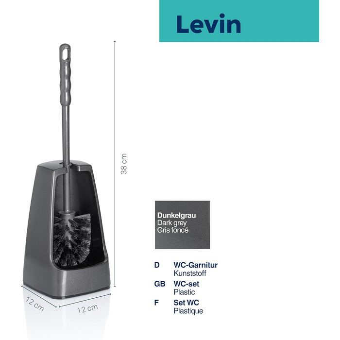 Набір для чищення унітазу Levin, щітка з контейнером, 38 см, темно-сірий