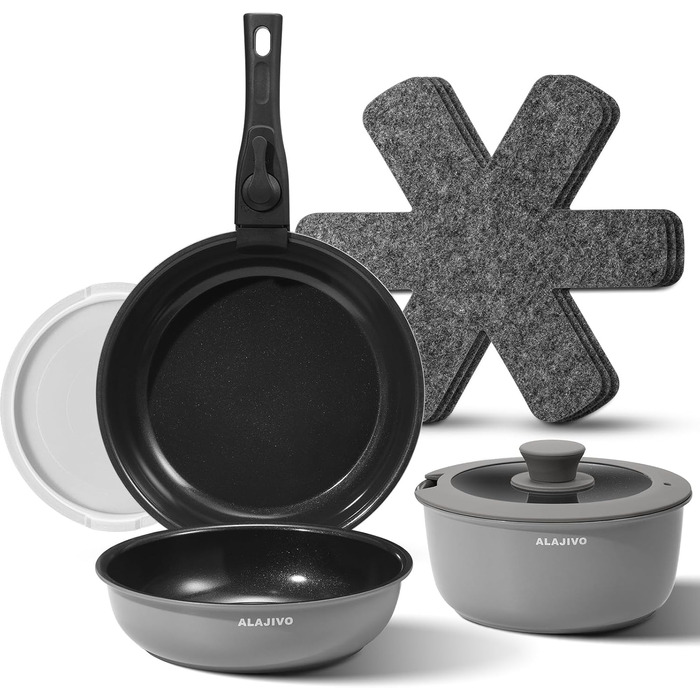 Набір посуду 9-ти частинний з знімним ручками, антипригарне покриття, керамічна сковорода, набір каструль з кришками, для всіх типів плит, безпечний у духовці (сірий)