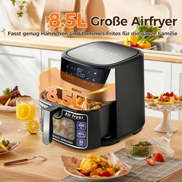 Аерофритюрниця Nirva 8.5л без олії, 1700W: смаження, запікання, антипригарне покриття, чорний/нержавіюча сталь