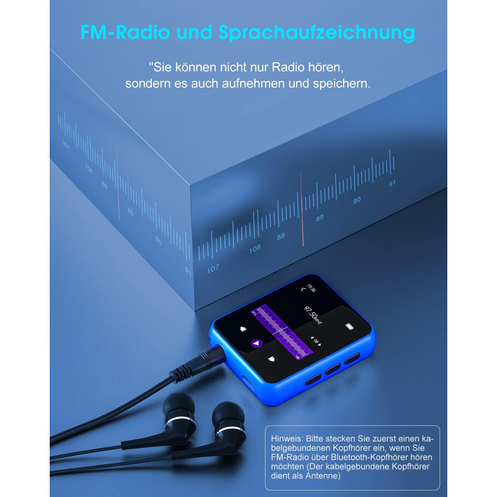 MP3 плеєр 32GB Bluetooth 5.0 з сенсорним екраном, Hi-Fi звук, металевий корпус, радіо, диктофон, підтримка до 128GB - блакитний