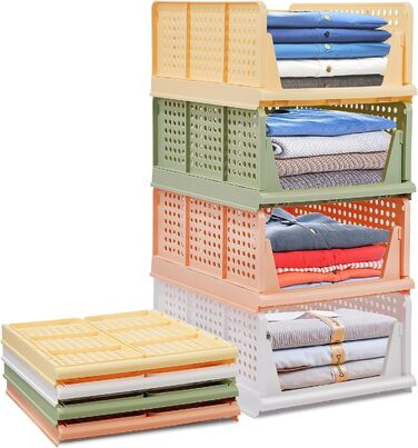 4 Pack Stackable Folding Closet Storage Box Organizer (Easy Open and Fold), Plastic Closet Shelves Storage Box Organizer, Bedroom, Kitchen (Multicolor)