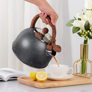 Чайник VONIKI з нержавіючої сталі 2,5 л з свистком для плити, з дерев'яною ручкою, сірий, для приготування чаю та як подарунок