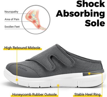 Домашні тапочки FitVille для чоловіків, широкі з кріпленням на липучці, реабілітаційне взуття (48 EU, сірий)