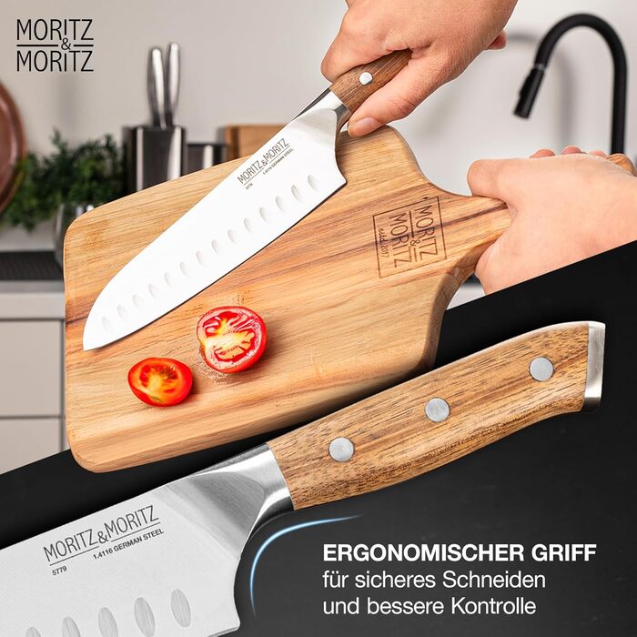Ніж Santoku Moritz & Moritz 18 см - професійний кухонний ніж у японському стилі з надзвичайно гострою клинком - для м'яса, суші та іншого. Ергономічна ручка з акації. Німецька сталь Santokumesser