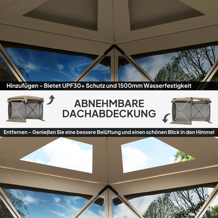 Outsunny Hexagonal Gazebo approx. 3.5x3m Pop-up Folding Gazebo with Removable Roof UV 30+ Foldable Waterproof Party Tent Garden Tent with 5 Side Panels Garden Gazebo for Camping Garden Festival, Khaki | Aosom