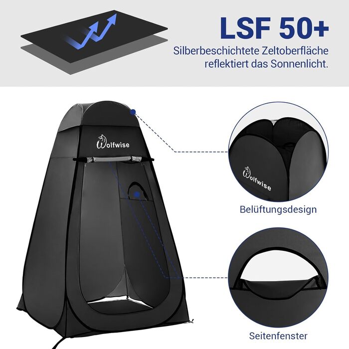 WofWise Portable Camping Shower Toilet Tent with UV Protection - Outdoor Privacy Shelter (Black, L)