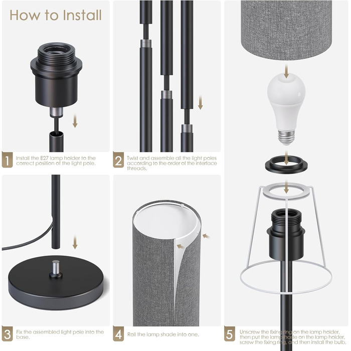 Світлодіодна торшерна лампа 9W з регулюванням яскравості, 3 колірні температури, тканинний абажур, вимикач на нозі, вінтажний дизайн, сірий колір