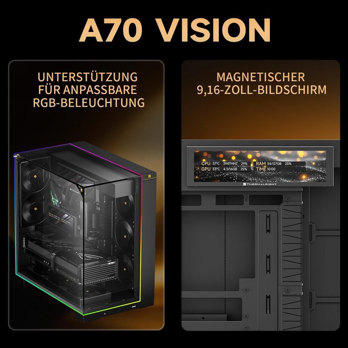 Ігровий корпус Thermalright TR A70 Vision ATX з LCD-дисплеєм 9.16'', панорамною підсвіткою та підтримкою 8 вентиляторів